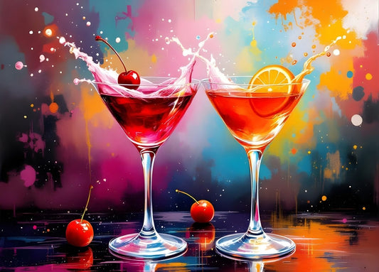 Tableau cocktails pop art avec éclaboussures colorées et verres design, création exclusive Iconik-Art.
