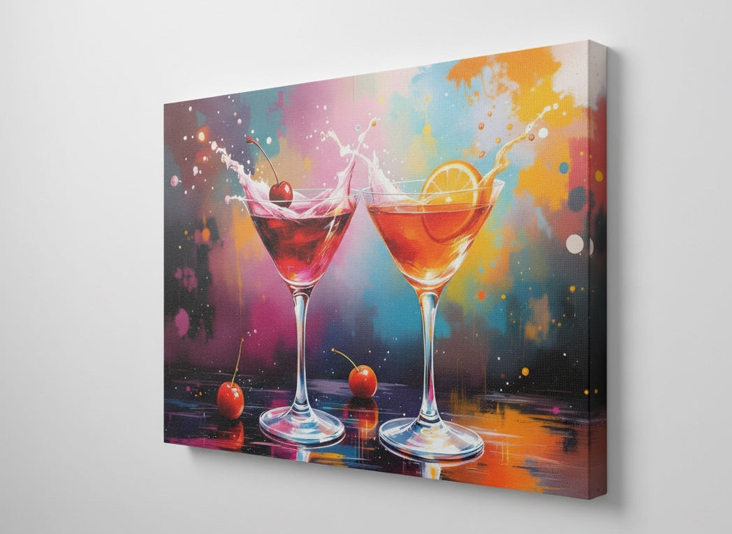 Vue de profil sur toile châssis du tableau cocktails, détails des couleurs et impression haute qualité.

