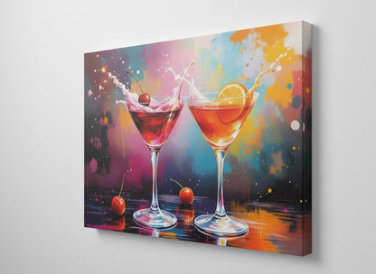 Vue de profil sur toile châssis du tableau cocktails, détails des couleurs et impression haute qualité.
