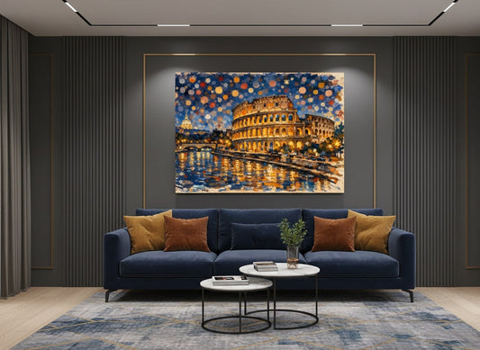 Tableau Colisée de Rome accroché dans un salon contemporain, décoration murale voyage élégante et lumineuse.
