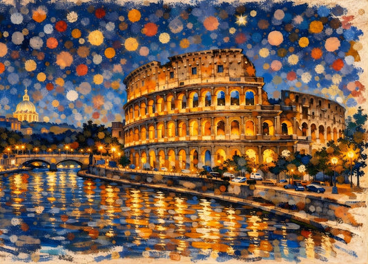 Tableau Colisée de Rome nuit étoilée avec reflets dorés sur le Tibre, création exclusive Iconik-Art.
