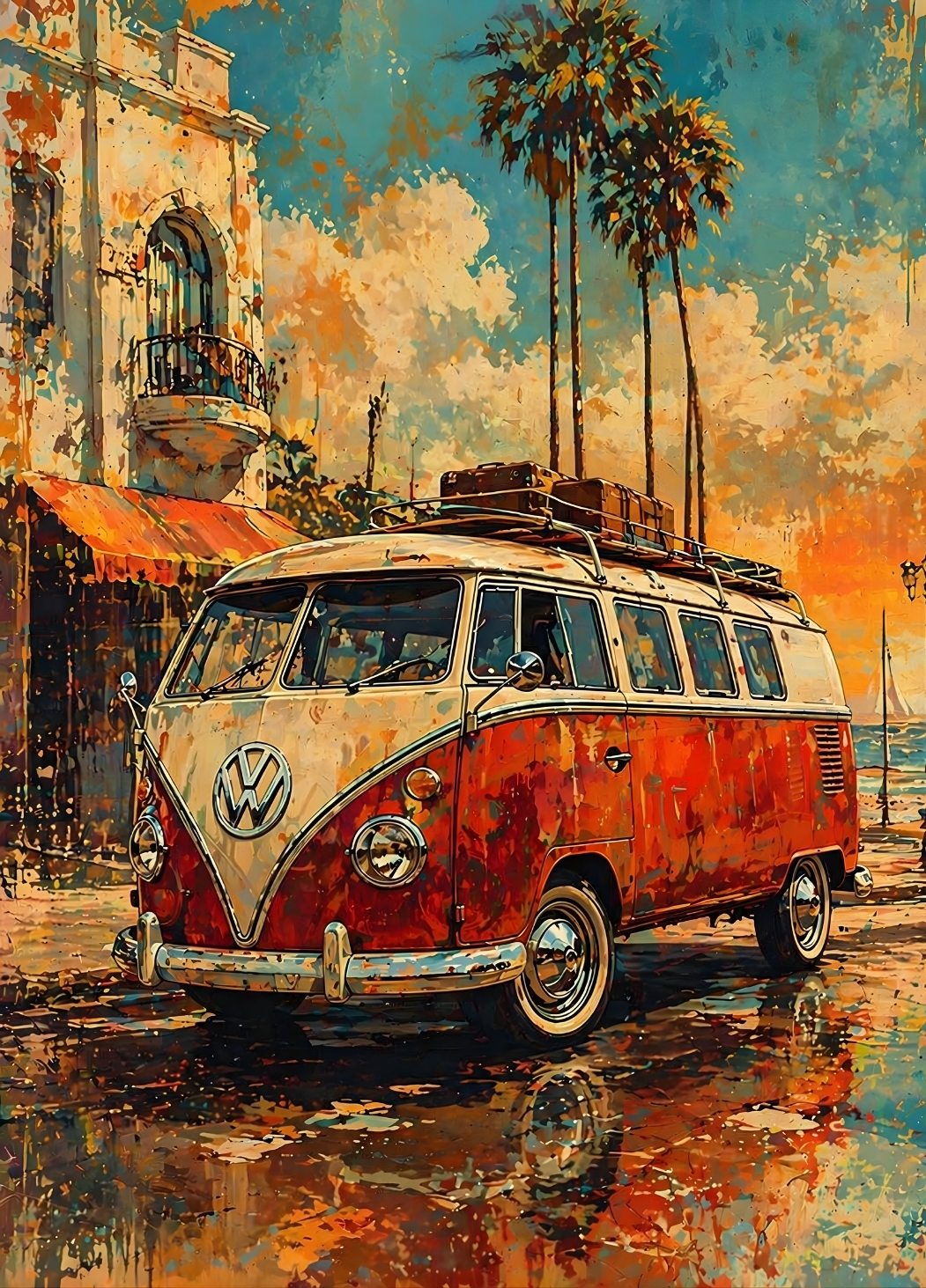 Tableau Volkswagen Combi vintage avec coucher de soleil et reflets sur sol humide artistique
