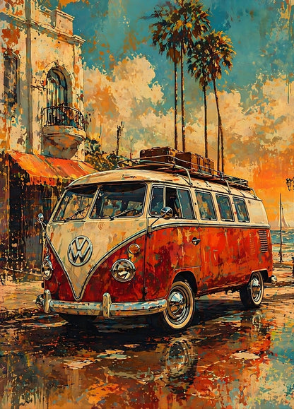 Tableau Volkswagen Combi vintage avec coucher de soleil et reflets sur sol humide artistique
