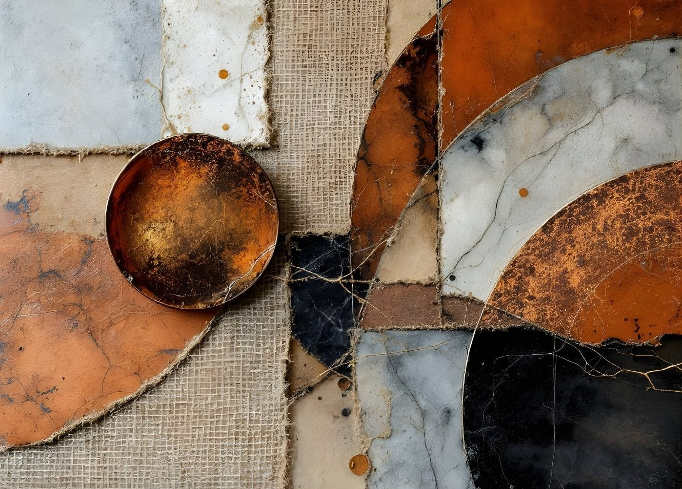 Tableau abstrait avec textures minérales et nuances naturelles pour une décoration murale moderne et élégante.
