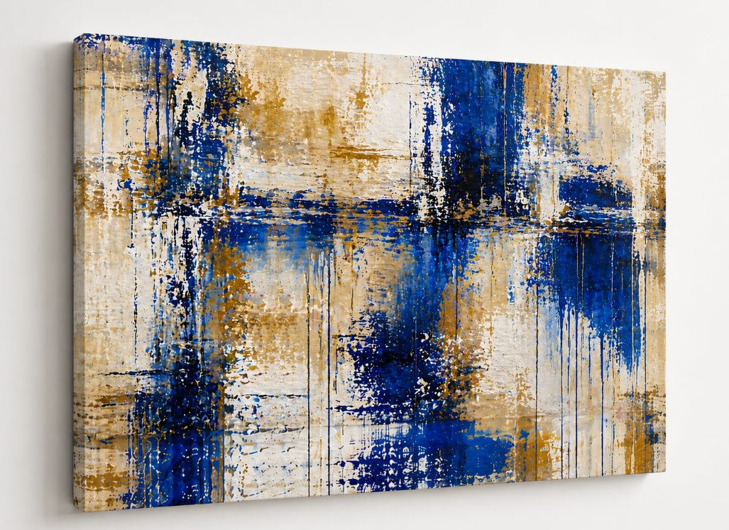 Tableau contemporain abstrait bleu texturé avec nuances beige et style artistique moderne

