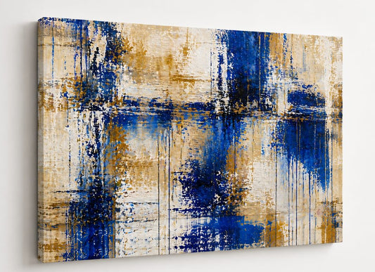 Tableau contemporain abstrait bleu texturé avec nuances beige et style artistique moderne
