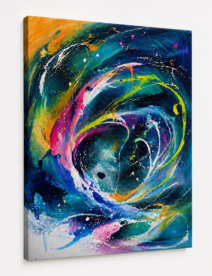 Tableau contemporain abstrait bleu et rose inspiré des mouvements galactiques

