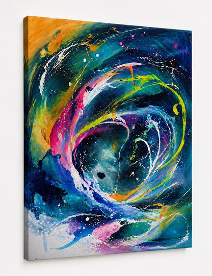Tableau contemporain abstrait bleu et rose inspiré des mouvements galactiques
