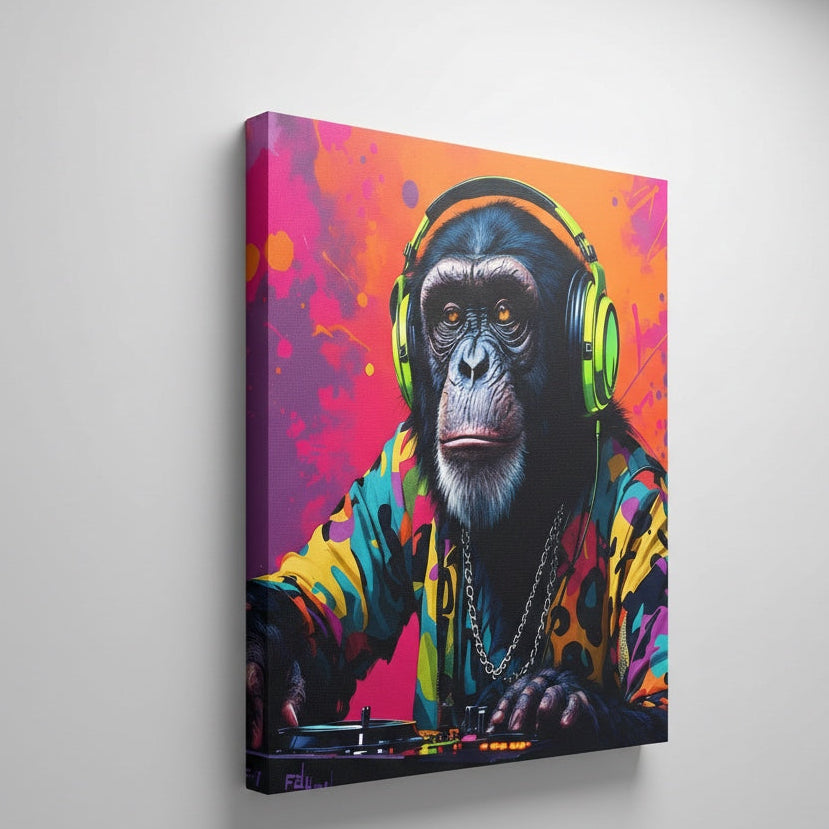 Portrait chimpanzé style street art contemporain aux couleurs saturées rose orange et vert

