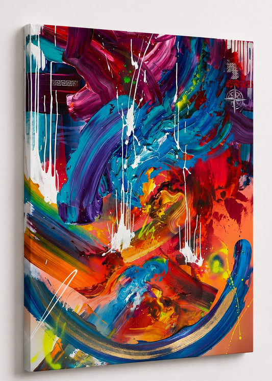 Composition abstraite moderne mêlant bleu magenta orange et effets de matière expressifs
