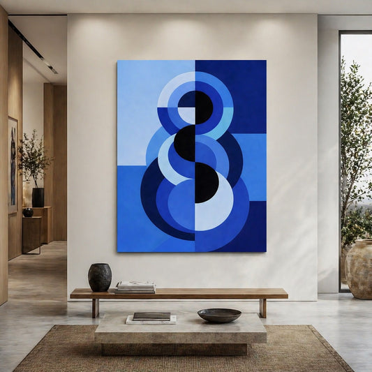 Tableau contemporain abstrait avec cercles graphiques bleus et composition design épurée
