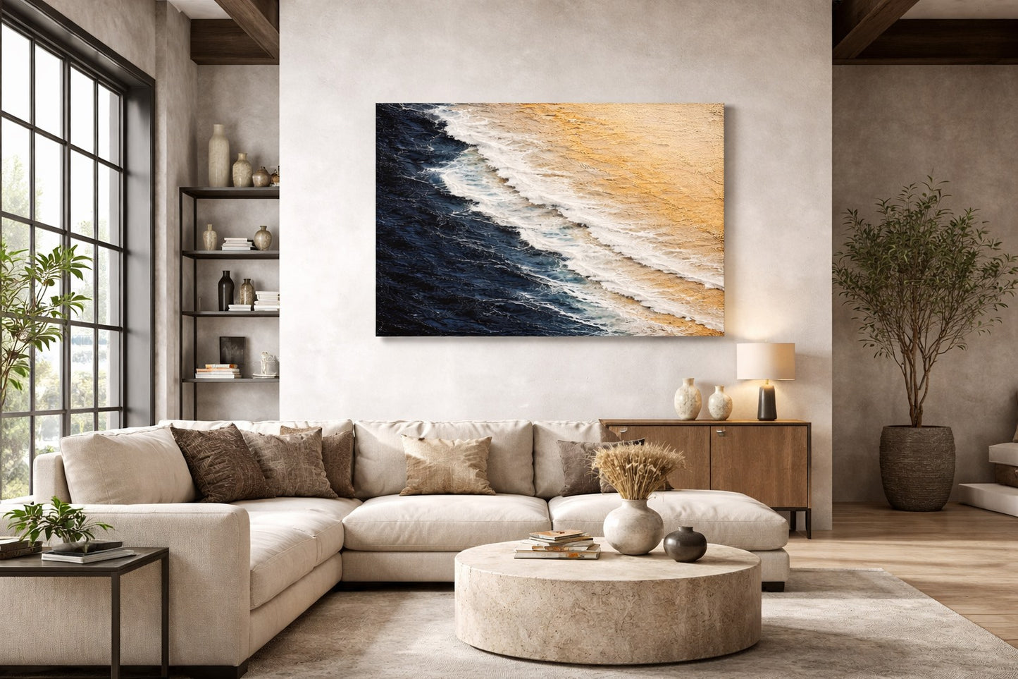 Tableau Côte Atlantique accroché dans un salon contemporain, décoration murale mer graphique et élégante.
