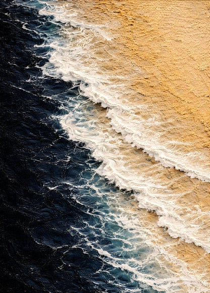 Tableau Côte Sauvage Océan Atlantique vue aérienne, vagues écume blanche et sable doré, création exclusive Iconik-Art.
