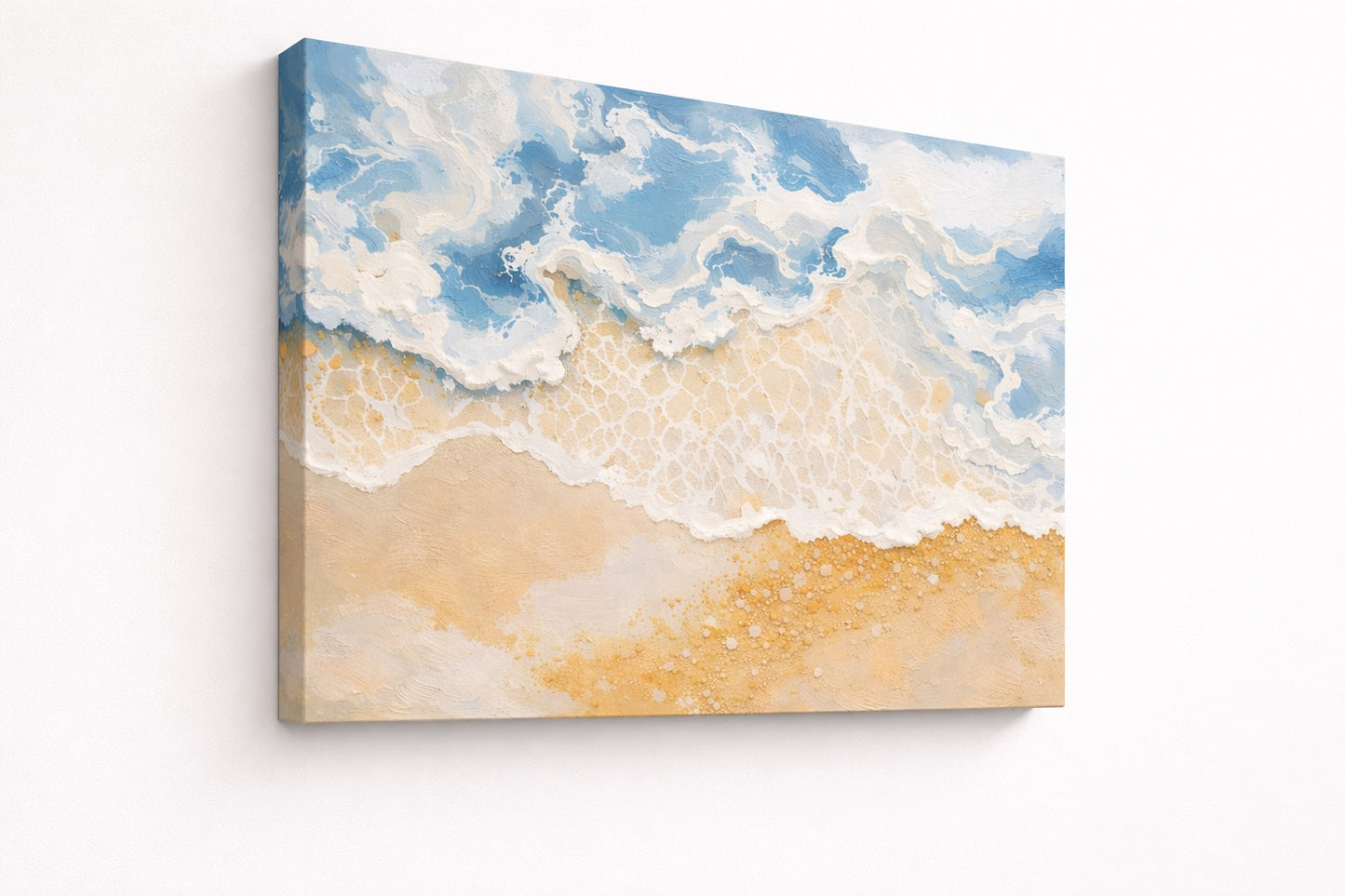 Vue de profil du tableau Plage Océan sur toile châssis, détails des reliefs et impression haute qualité.
