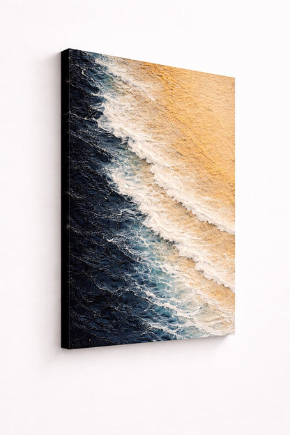 Vue de profil du tableau Côte Sauvage sur toile châssis, détails des contrastes marins et impression haute qualité.
