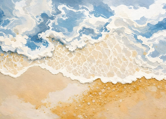 Tableau Plage Océan Atlantique texture artistique, vagues blanches et sable doré, création exclusive Iconik-Art.
