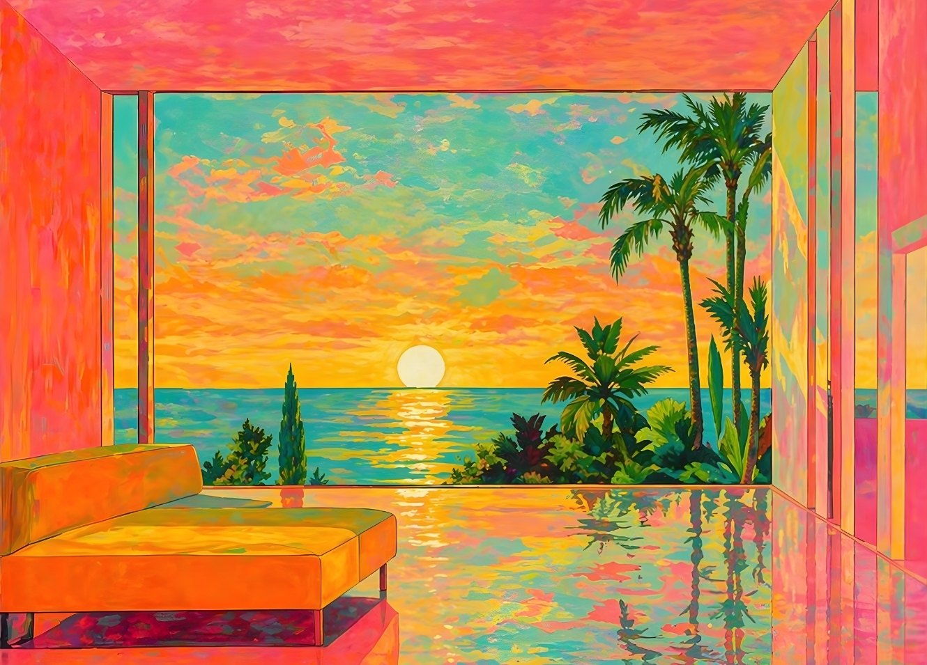 Tableau paysage tropical coucher de soleil avec couleurs vives et reflets lumineux sur l’eau pour décoration murale moderne
