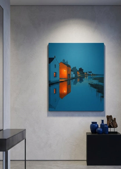 Tableau paysage marin avec village de bord de mer au coucher du soleil
