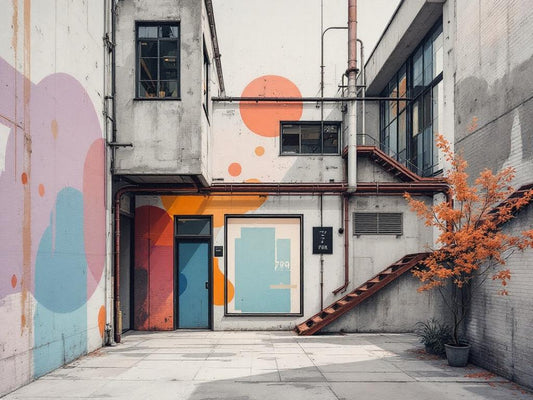 Tableau d’une cour industrielle aux formes graphiques contemporaines
