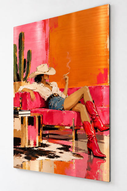Tableau femme western chic sur aluminium brossé, portrait figuratif aux couleurs vives
