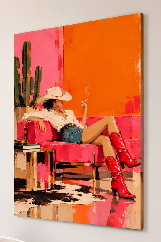 Tableau sur toile femme cowgirl, peinture figurative colorée aux accents western et pop art
