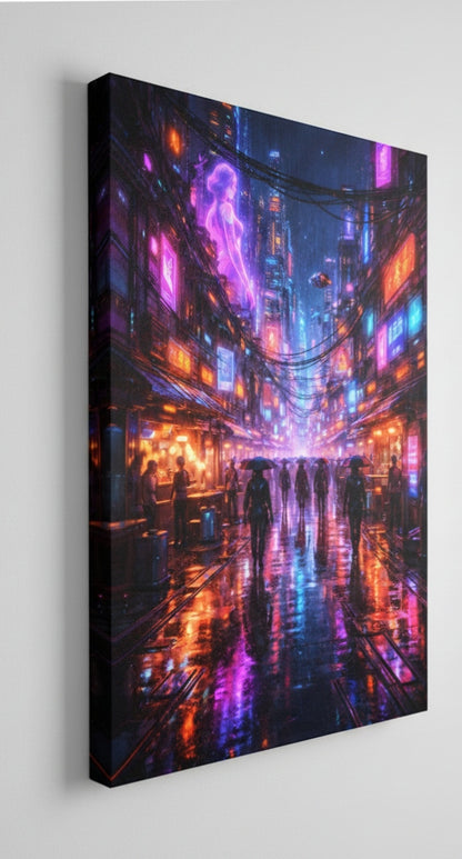 Détail de la rue cyberpunk néon avec reflets lumineux et hologramme