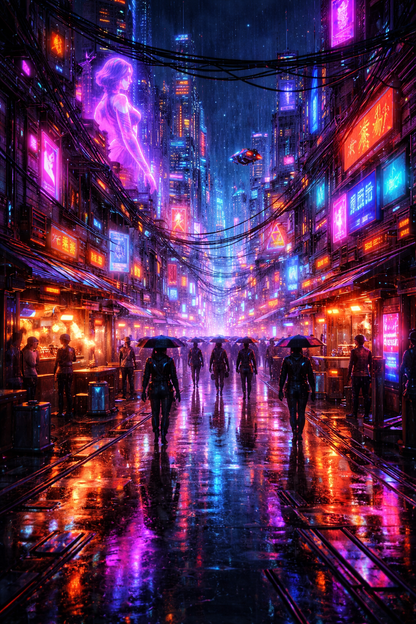 Tableau cyberpunk urbain néon avec ruelle futuriste immersive
