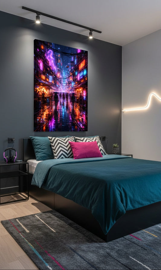 Tableau cyberpunk urbain néon en décoration murale contemporaine
