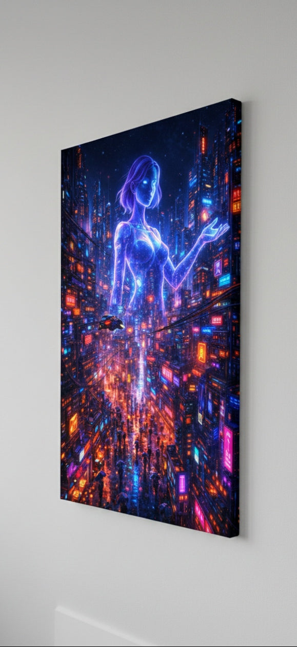 Détail du personnage holographique cyberpunk aux effets néon
