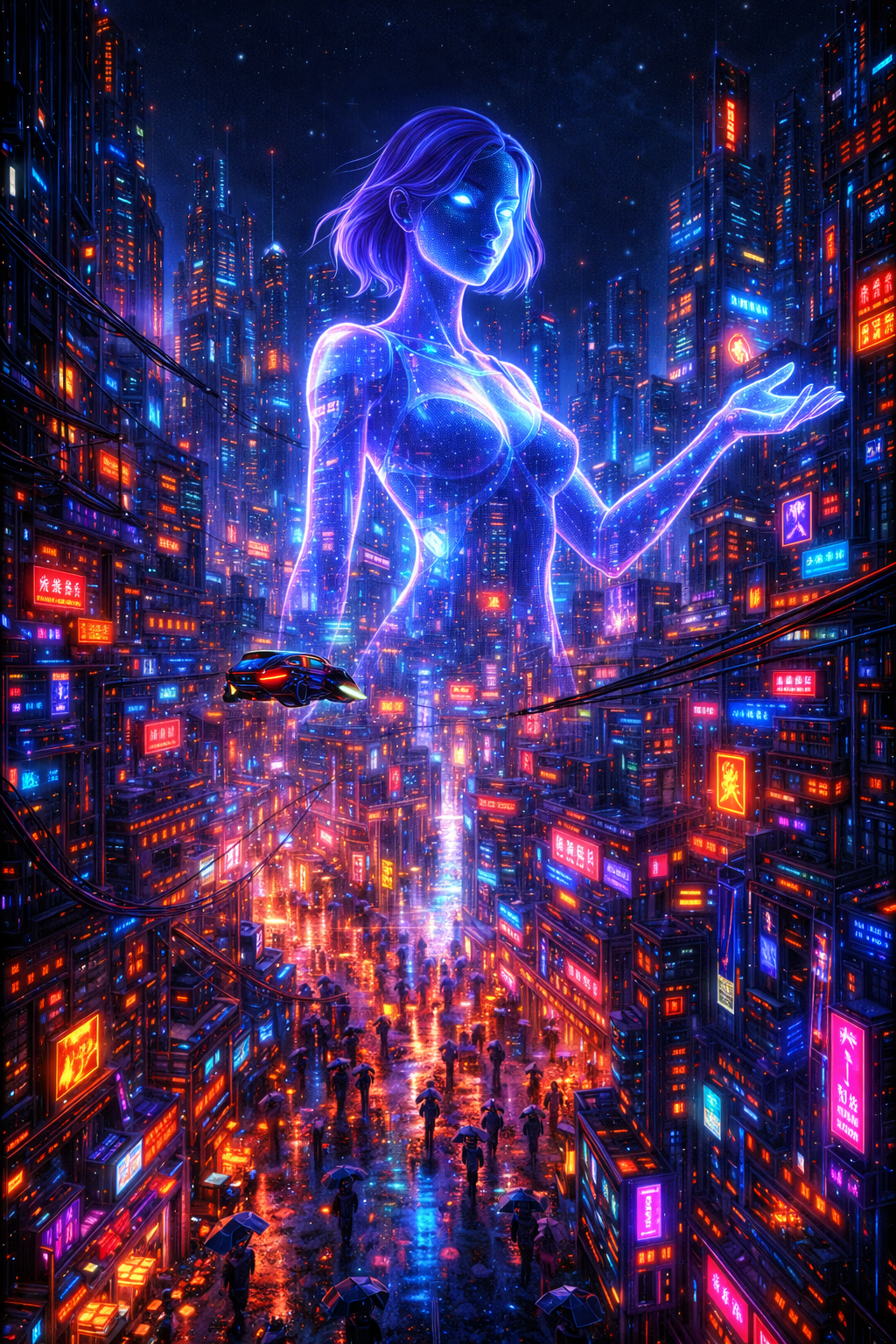 Tableau cyberpunk futuriste avec déesse holographique et ville néon
