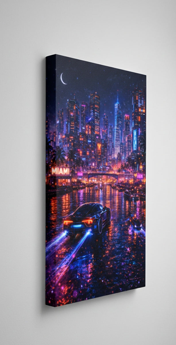 Détail urbain néon et reflets aquatiques dans une ville cyberpunk
