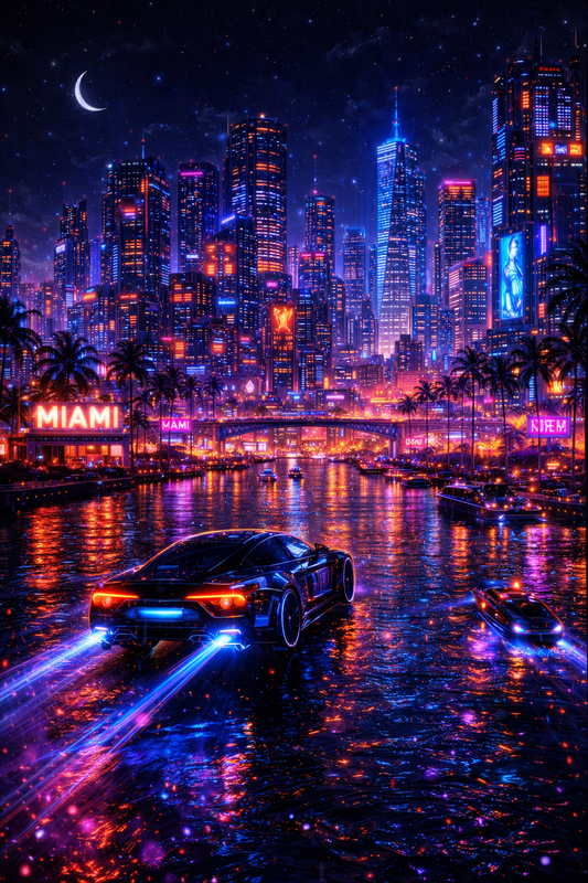 Tableau cyberpunk néon inspiré de Miami avec skyline futuriste
