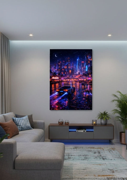 Tableau cyberpunk Miami néon en décoration murale contemporaine
