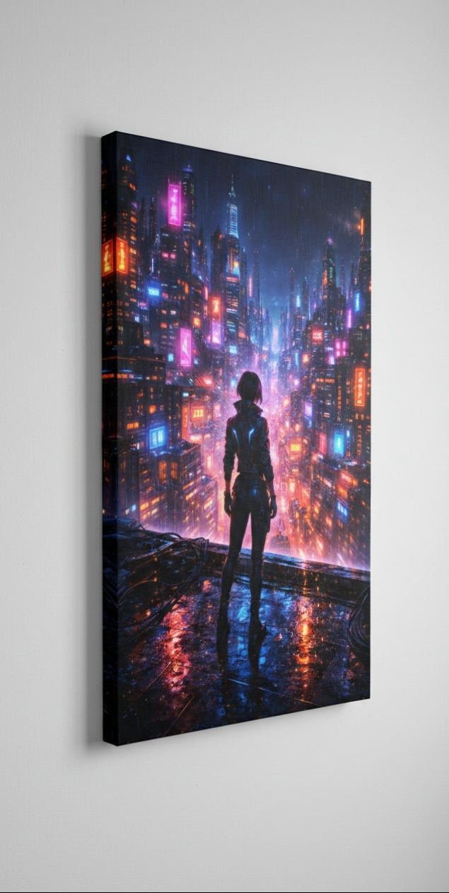 Détail de la mégapole cyberpunk néon et de la silhouette en surplomb
