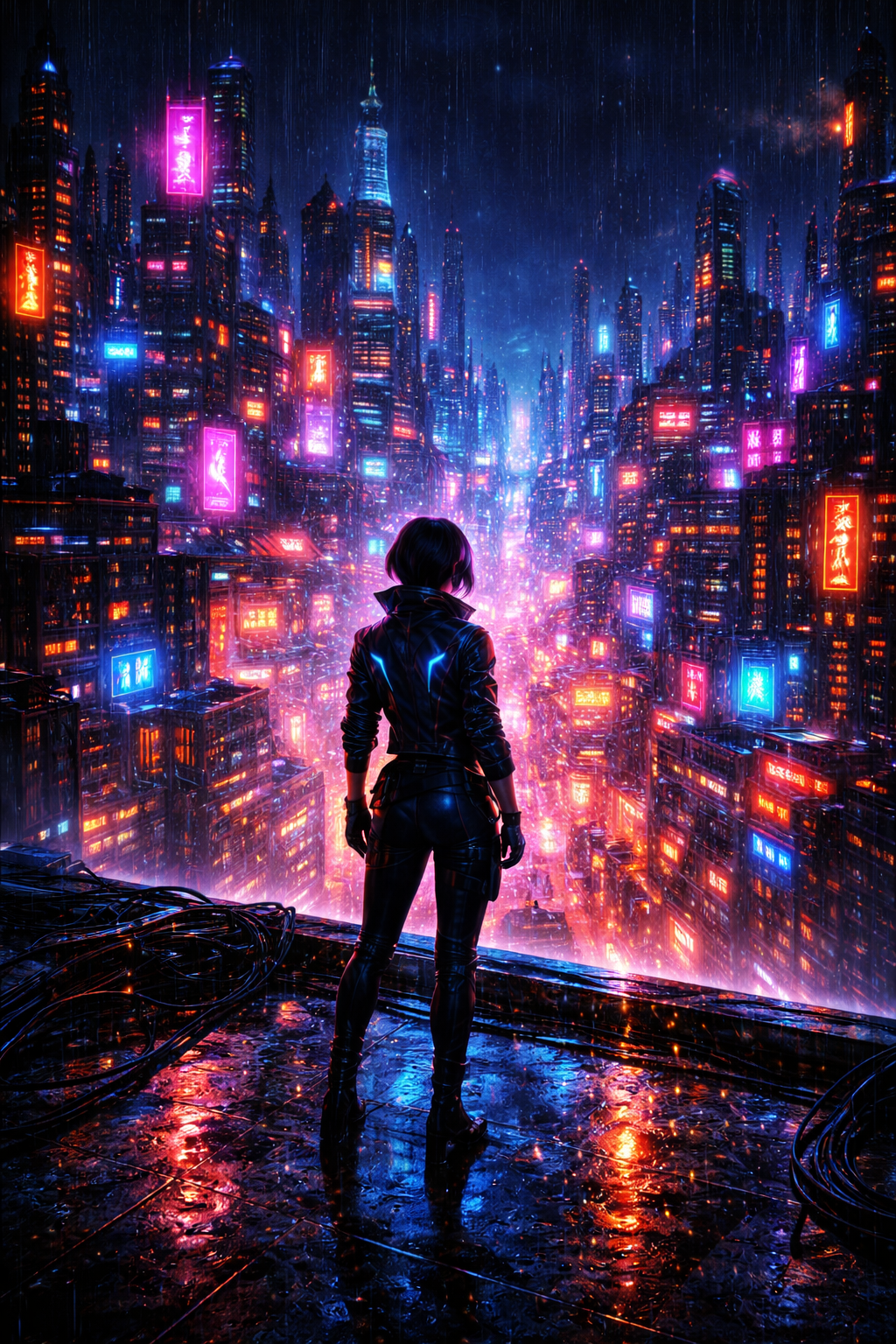 Tableau cyberpunk futuriste avec personnage face à une ville néon
