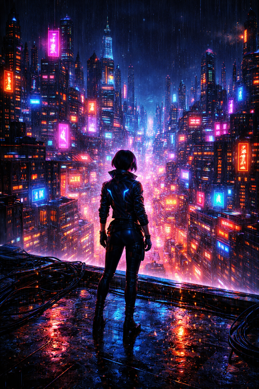 Tableau cyberpunk futuriste avec personnage face à une ville néon
