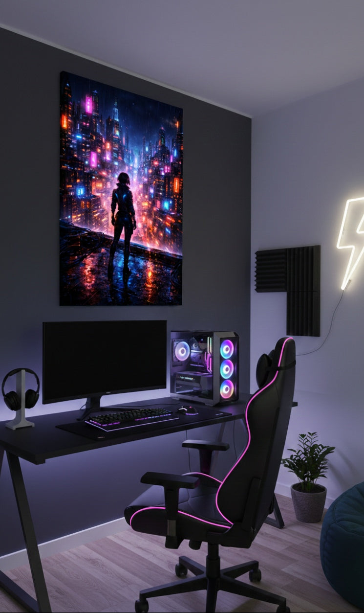 Tableau cyberpunk futuriste néon en décoration murale contemporaine
