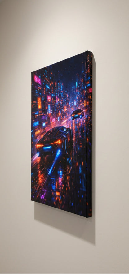 Détail des effets de vitesse et traînées lumineuses cyberpunk
