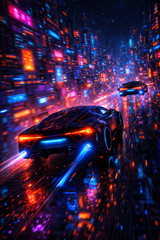Tableau cyberpunk futuriste avec véhicules néon à grande vitesse
