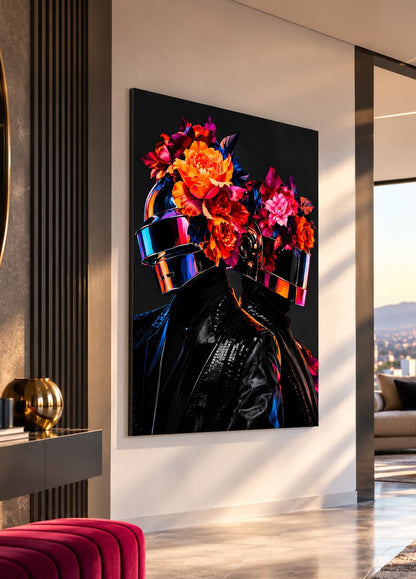 Tableau pop art Daft Punk sur fond noir aux reflets colorés
