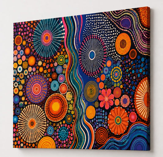 Tableau abstrait coloré aux motifs circulaires et lignes ondulantes sur fond bleu nuit
