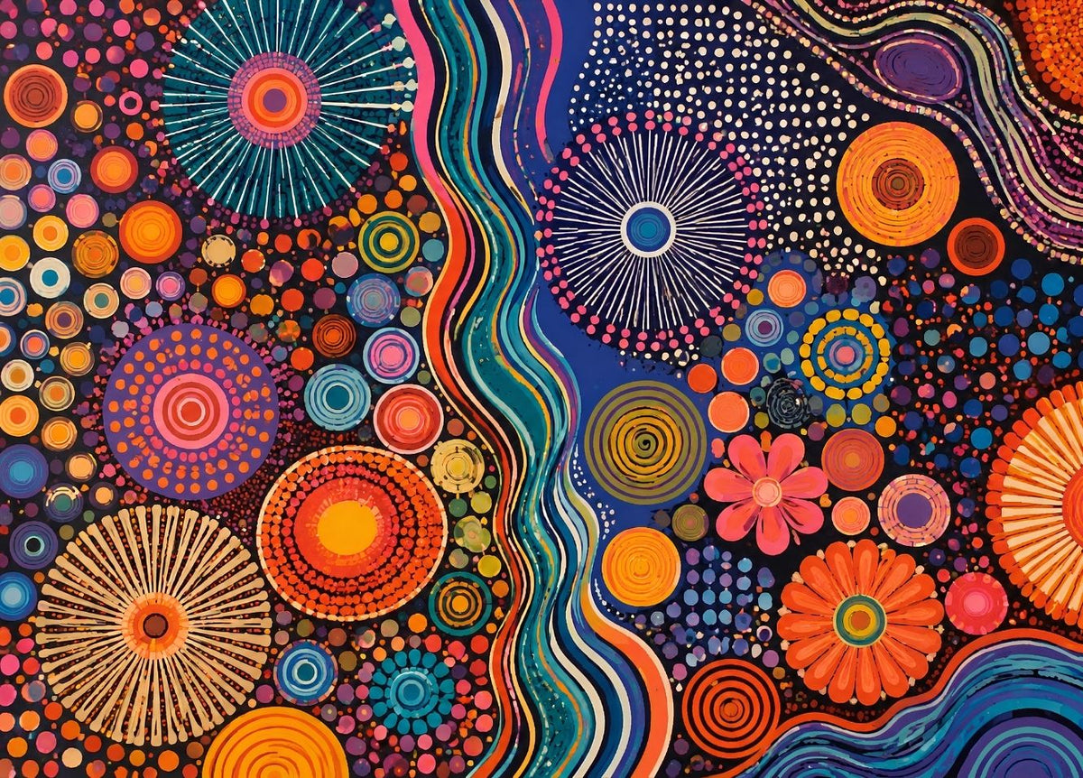 Tableau déco abstrait coloré composé de cercles, points et motifs ondulants orange, turquoise, rose, jaune et bleu
