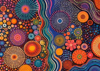 Tableau déco abstrait coloré composé de cercles, points et motifs ondulants orange, turquoise, rose, jaune et bleu
