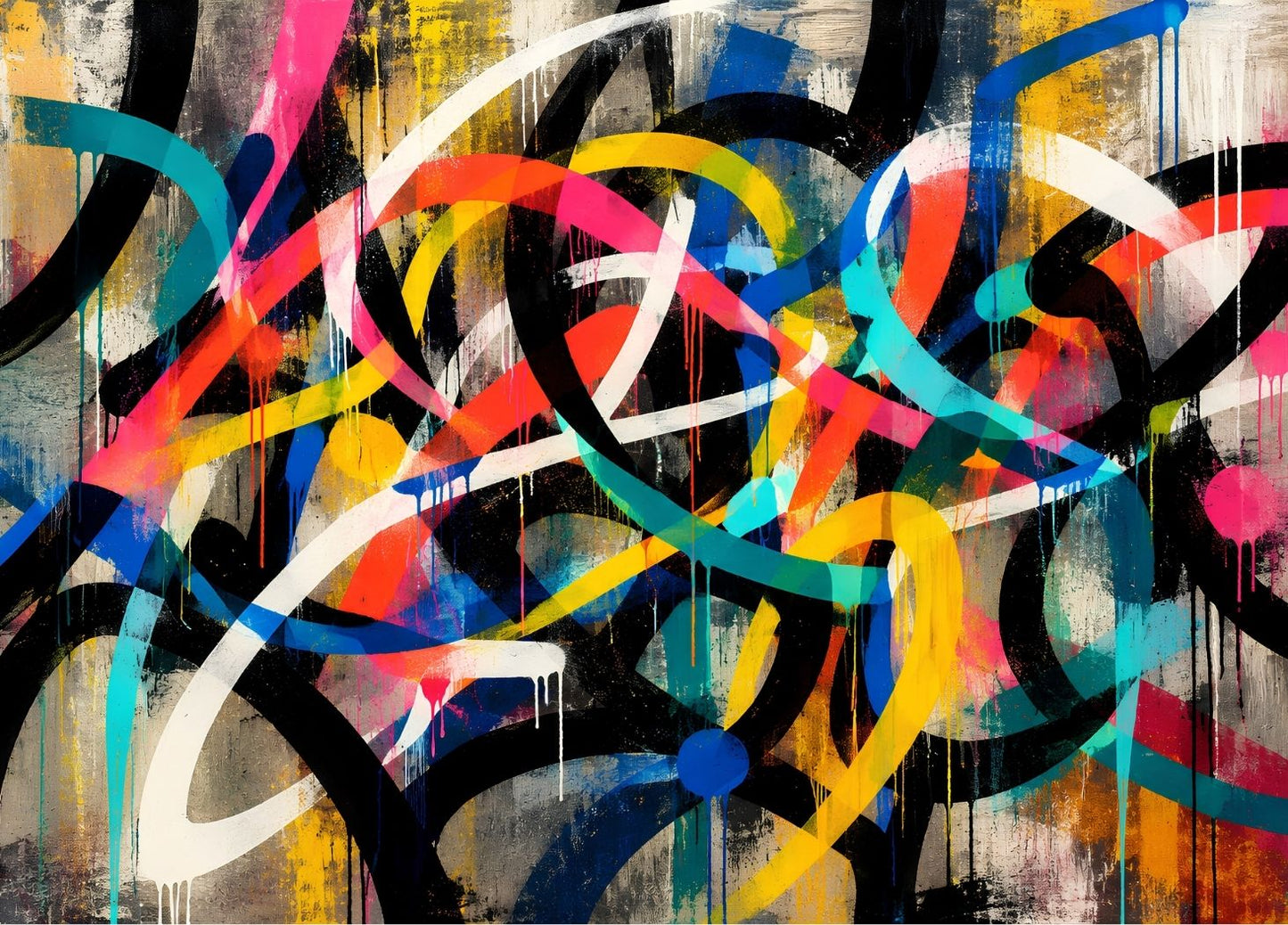 Tableau déco abstrait coloré aux grands rubans de peinture et lignes graphiques entrelacées
