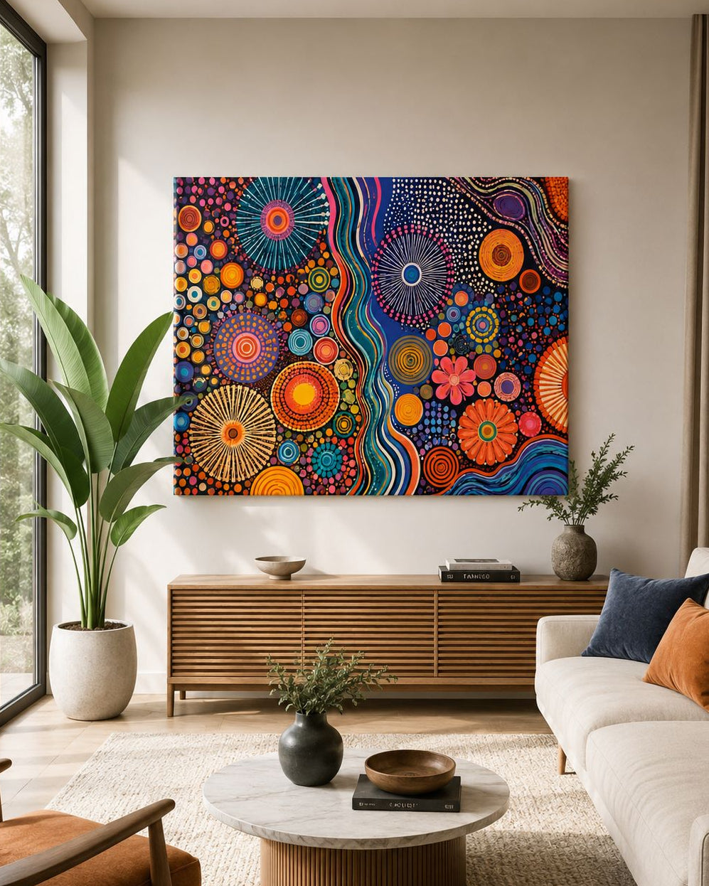 Tableau déco abstrait coloré au format horizontal présenté dans un salon contemporain
