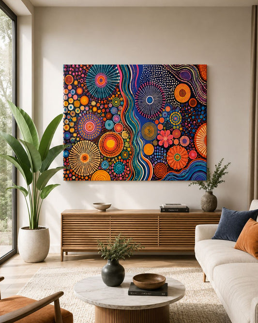 Tableau déco abstrait coloré au format horizontal présenté dans un salon contemporain
