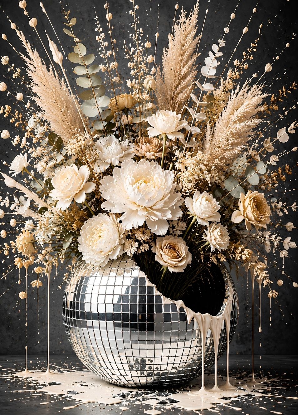 Tableau déco fleurs beige avec bouquet blanc et crème dans une boule à facettes
