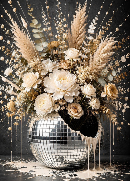 Tableau déco fleurs beige avec bouquet blanc et crème dans une boule à facettes
