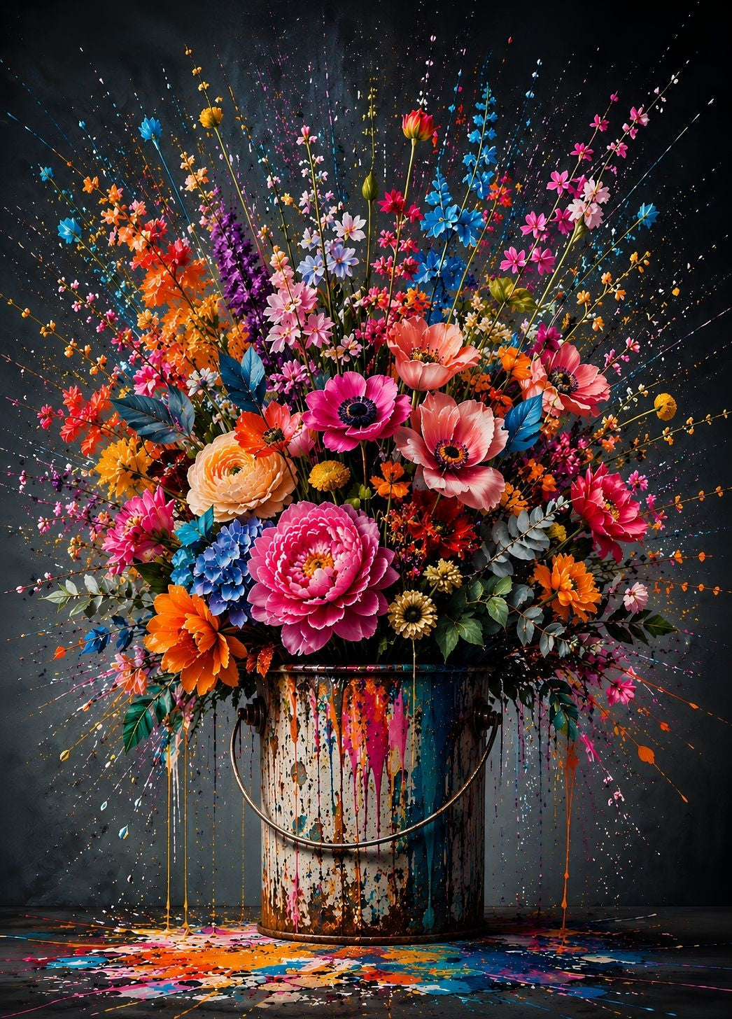Tableau déco fleurs colorées avec bouquet spectaculaire sur fond sombre
