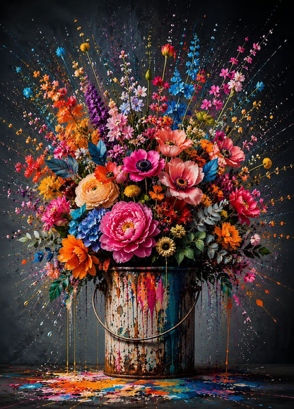 Tableau déco fleurs colorées avec bouquet spectaculaire sur fond sombre
